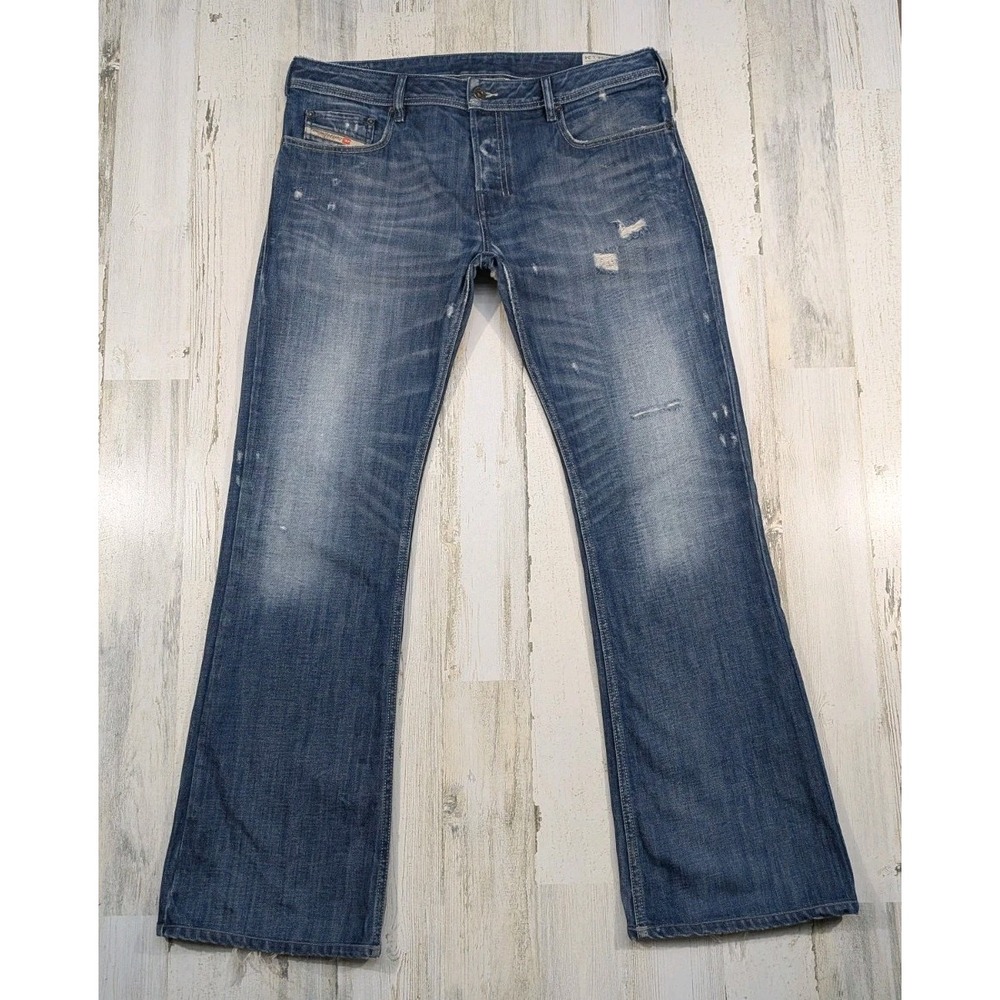 Diesel Zathan Regular Bootcut Jeans Mens 37x32 Blue Distressed Denim 0885S